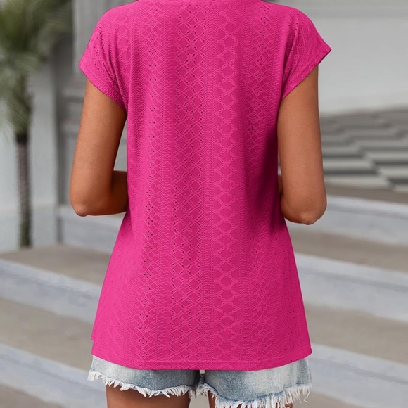 Zeagoo Top Eyelet Loose Fit Blouses Dressy Basic Hot Pink V Neck XL NWT - Picture 2 of 11